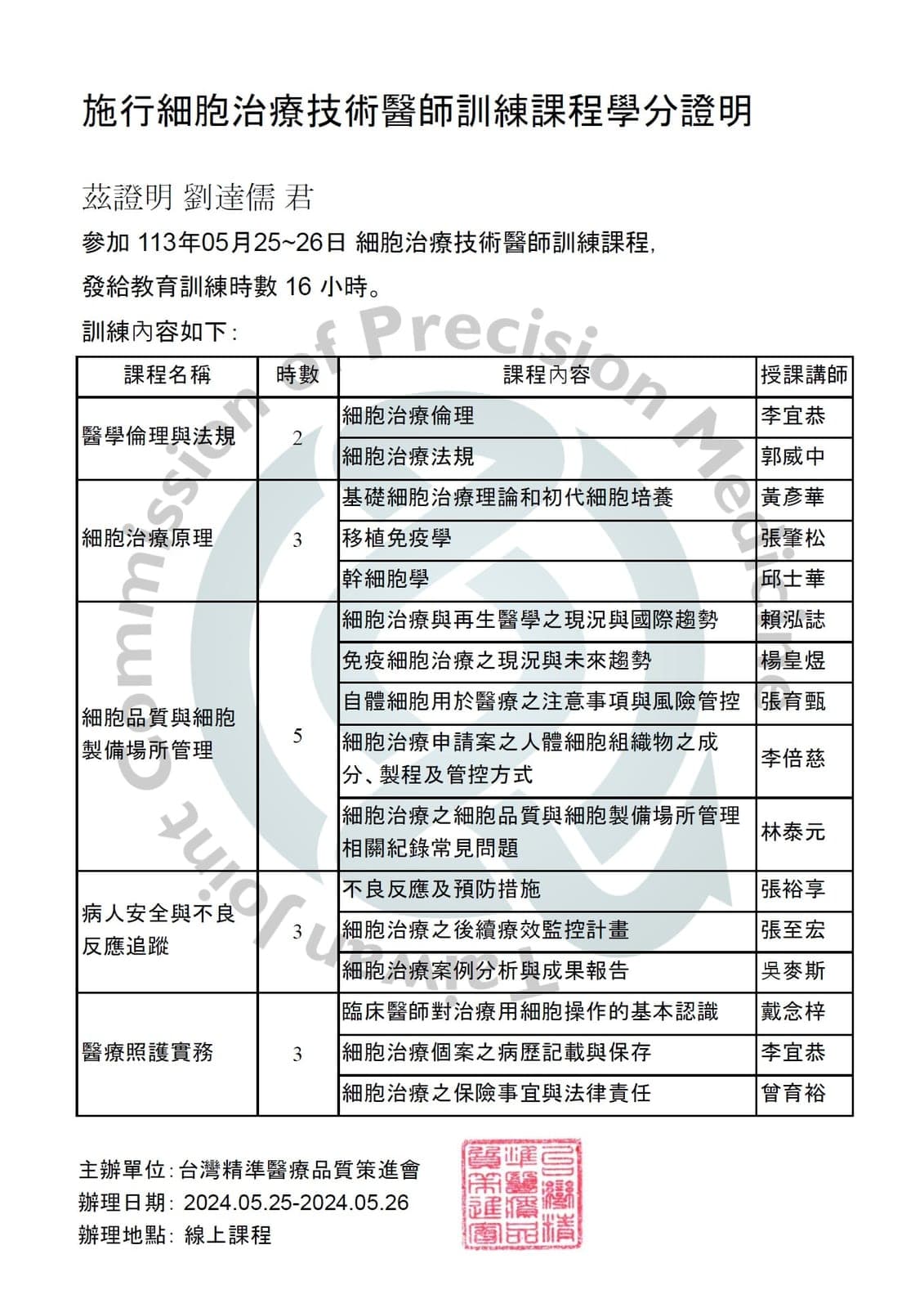 施行細胞治療技術醫師訓練課程學分證明,訓練時數 16 小時