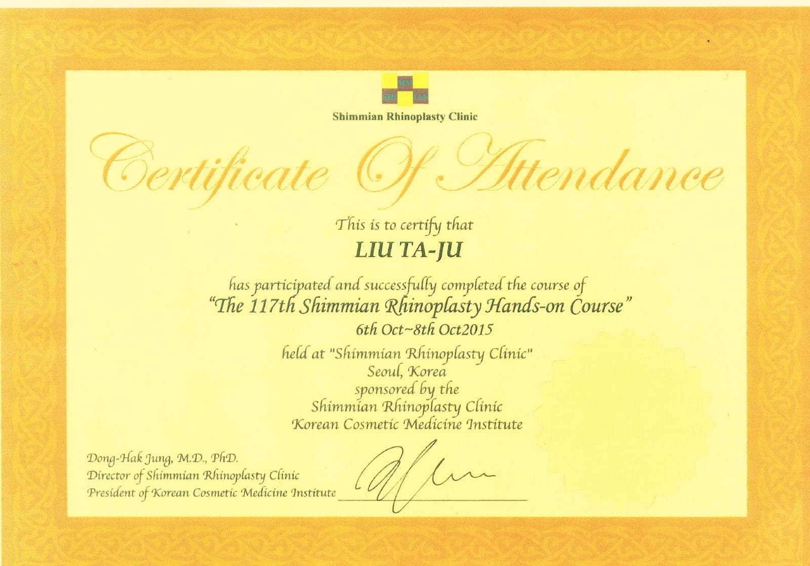 第 117 屆 Shimmian Rhinoplasty Hands-on Course 結業證書,2015 年於韓國首爾