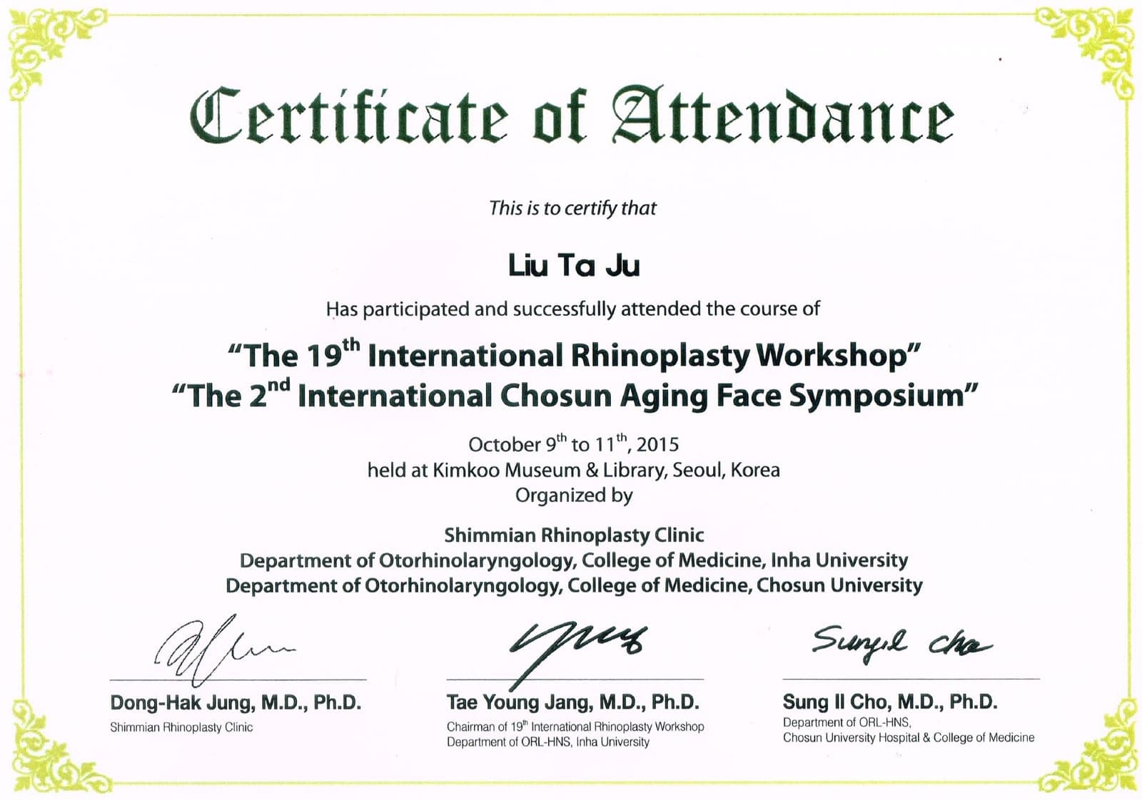 第 19 屆 International Rhinoplasty Workshop 出席證書,2015 年於韓國首爾